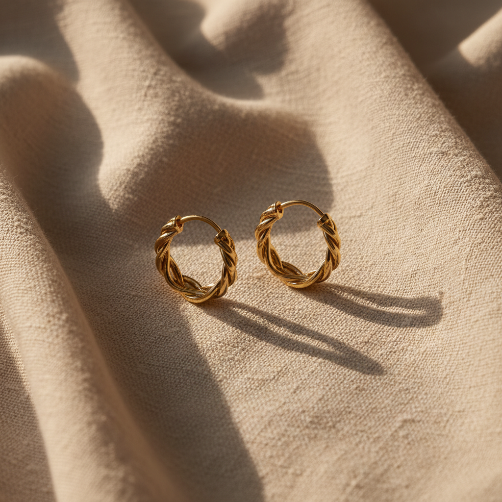 E&Co. gold-plated twisted hoop earrings on cream linen