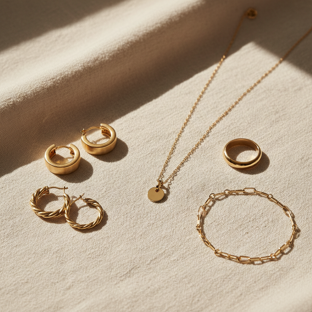 Curated flatlay of E&Co. gold jewellery pieces